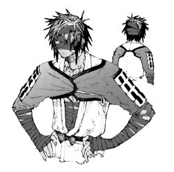 Rule 34 | 1boy, bandage over one eye, bandaged arm, bandaged head, bandages, chiemon (fate), closed mouth, cropped torso, fate/samurai remnant, fate (series), greyscale, hands on own hips, highres, japanese clothes, male focus, monochrome, multiple views, short hair, simple background, sketch, solo focus, upper body, wataru rei