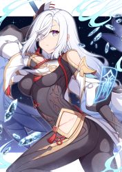 Rule 34 | 1girl, arm up, ass, black bodysuit, blue eyes, bodysuit, breast curtain, breasts, chinese clothes, crystal, earrings, eyes visible through hair, floating hair, genshin impact, gold trim, hair ornament, hair over one eye, highres, hip vent, holding, holding polearm, holding weapon, ice, jewelry, long hair, medium breasts, parted lips, polearm, shenhe (genshin impact), single earring, sky, solo, sparkle, star (sky), starry sky, t@ke-g, talisman, tassel, tassel earrings, tight clothes, weapon, white hair