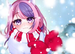 Rule 34 | 1girl, blue sky, blush, boyscuits, commentary, demon girl, demon horns, english commentary, gloves, hair ornament, heart, heart hair ornament, highres, horns, ironmouse, jacket, long hair, looking at viewer, multicolored clothes, multicolored hair, multicolored scarf, pink eyes, pink hair, purple hair, red gloves, red scarf, scarf, sky, snow, streaked hair, twintails, two-tone scarf, virtual youtuber, vshojo, white jacket, white scarf
