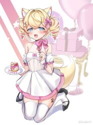 Rule 34 | 1girl, alternate costume, alternate hairstyle, animal ear fluff, animal ears, balloon, bare shoulders, black footwear, blonde hair, blue eyes, blurry, blurry background, blush, box, breasts, cake, chestnut mouth, cleavage, commentary, crossed bangs, detached sleeves, dog ears, dog girl, dog tail, double-parted bangs, dress, drill hair, english commentary, fang, food, fork, gift, gift box, hair intakes, high heels, highres, holding, holding fork, hololive, hololive english, kneeling, layered dress, looking at viewer, mococo abyssgard, multicolored hair, open mouth, pink dress, pink hair, puffy detached sleeves, puffy short sleeves, puffy sleeves, pumps, ruffian (fuwamoco), see-through, see-through cleavage, short dress, short hair, short sleeves, skirt, sleeveless, sleeveless dress, small breasts, sobbi11, solo, streaked hair, tail, thighhighs, twin drills, twintails, twitter username, underbust, virtual youtuber, white dress, white skirt, white thighhighs, zettai ryouiki