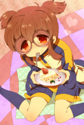 Rule 34 | bad id, bad pixiv id, brown eyes, brown hair, cake, food, fork, hayami tsurumasa, inazuma eleven, inazuma eleven (series), inazuma eleven go, jacket, jakey, looking up, male focus, plate, short hair, short twintails, shorts, trap, twintails