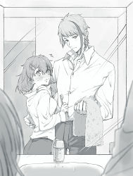 Rule 34 | 1boy, 1girl, :t, bathroom, bite mark, breasts, closed mouth, collared shirt, couple, diamond (shape), dress shirt, earrings, embarrassed, faucet, greyscale, hair ornament, hairclip, hand on own shoulder, height difference, hetero, heterochromia, highres, holding, holding toothbrush, holding towel, jade leech, jewelry, long sleeves, looking at viewer, looking back, looking down, messy hair, mirror, monochrome, morning, multicolored hair, out of frame, pants, reflection, shirt, shirt tucked in, short hair, short hair with long locks, sink, slit pupils, smile, streaked hair, surprised, toothbrush, toothpaste, towel, twisted wonderland, yuu (twisted wonderland), yuuinoue