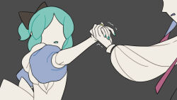 Rule 34 | 2others, ajing073, alice (alice in wonderland), alice (alice in wonderland) (cosplay), alice in wonderland, apron, aqua hair, aqua nails, black bow, blue dress, bow, cosplay, dress, dual persona, grey background, hair bow, hand grab, highres, houseki no kuni, long sleeves, mad hatter (alice in wonderland), mad hatter (alice in wonderland) (cosplay), multiple others, no eyes, other focus, out of frame, outstretched arm, phosphophyllite, phosphophyllite (ll), ponytail, puffy long sleeves, puffy short sleeves, puffy sleeves, short sleeves, simple background, solo focus, surprised, trembling, white apron, yellow nails