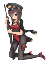 Rule 34 | 1girl, a9b (louis814), absurdres, animal ears, blue eyes, breda 30, brown hair, dog ears, federica n. doglio, gun, hat, high heels, highres, holster, italian flag, italy, jacket, jacket on shoulders, kneeling, leotard, long hair, looking at viewer, necktie, nontraditional playboy bunny, pantyhose, playboy bunny, short necktie, solo, strike witches, weapon, world witches series
