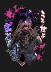Rule 34 | 10s, 1boy, akanbe, buttons, cropped torso, danganronpa (series), danganronpa v3: killing harmony, eyelid pull, grey background, highres, looking at viewer, male focus, nobobit, oma kokichi, open mouth, purple hair, short hair, simple background, smile, solo, straitjacket, tongue, tongue out, translation request