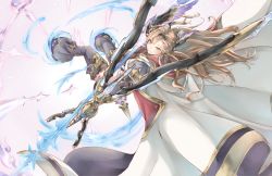 Rule 34 | 1girl, aiming, armor, arrow (projectile), bow (weapon), brown hair, brown thighhighs, coat, coat on shoulders, feather hair ornament, feathers, frilled thighhighs, frills, granblue fantasy, green eyes, hair ornament, headgear, holding, holding arrow, holding bow (weapon), holding weapon, hood, hood down, hooded coat, light particles, limitless skye, long hair, magic, multicolored clothes, multicolored coat, parted lips, pauldrons, purple feathers, shoulder armor, smile, solo, thighhighs, tweyen (granblue fantasy), two-tone coat, weapon, white coat
