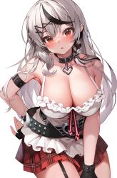 Rule 34 | 1girl, arm strap, black collar, black hair, blush, braid, breasts, cleavage, collar, ear piercing, fingerless gloves, garter straps, gloves, grey hair, hair ornament, hand on own hip, highres, hololive, large breasts, long hair, looking at viewer, miniskirt, multicolored hair, parted lips, piercing, pinki o64, plaid, plaid skirt, pleated skirt, red eyes, red skirt, sakamata chloe, shirt, simple background, skirt, solo, streaked hair, virtual youtuber, white background, white shirt, x hair ornament