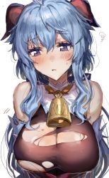 Rule 34 | 1girl, ahoge, bad id, bad twitter id, bare shoulders, bell, blue hair, blush, bodystocking, breasts, detached sleeves, frown, ganyu (genshin impact), genshin impact, highres, horns, inusaka, large breasts, long hair, looking at viewer, neck bell, purple eyes, solo, torn clothes, white background