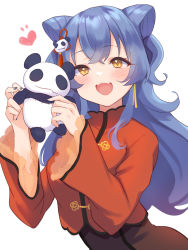 Rule 34 | 1girl, :d, blue hair, blush, brown dress, brown eyes, commentary request, cone hair bun, copyright request, dress, fang, gucchiann, hair between eyes, hair bun, hair ornament, heart, highres, holding, holding stuffed toy, jacket, long hair, long sleeves, looking at viewer, open mouth, panda hair ornament, red jacket, see-through, simple background, sleeves past wrists, smile, solo, stuffed animal, stuffed panda, stuffed toy, teeth, upper teeth only, very long hair, virtual youtuber, white background, wide sleeves