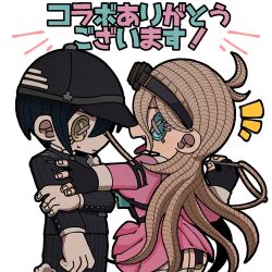 Rule 34 | 1boy, 1girl, black gloves, black headwear, black jacket, black pants, blonde hair, breasts, button eyes, buttons, closed mouth, cowboy shot, crossover, danganronpa (series), danganronpa v3: killing harmony, eye contact, fingerless gloves, from side, garter straps, gloves, goggles, goggles on head, hair between eyes, highres, holding sewing needle, identity v, jacket, large breasts, long hair, looking at another, mob kangaroo chuui, pants, pink shirt, pink skirt, pleated skirt, profile, saihara shuichi, shirt, simple background, skirt, striped clothes, striped jacket, striped pants, tongue, tongue out, translation request, white background
