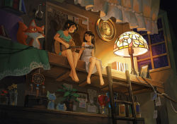 Rule 34 | 2girls, :3, bare legs, barefoot, book, bottle, box, brown eyes, brown hair, cat, clock, cup, curtains, dark, dream catcher, flower, foot dangle, fox, glass, chalice, guitar, indoors, instrument, kitsu+3, ladder, lamp, long hair, looking at another, map, multiple girls, music, night, note, open mouth, original, parted lips, photo (object), picture frame, plant, playing instrument, ponytail, potted plant, shelf, shirt, sitting, sleepwear, sleeveless, smile, stained glass, stuffed animal, stuffed toy, t-shirt, window
