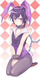 Rule 34 | 1boy, androgynous, animal ears, bare shoulders, bdsm, black hair, blush, bondage, bound, bound wrists, chain, code geass, collar, crossdressing, fake animal ears, kneeling, lelouch vi britannia, leotard, looking at viewer, male focus, male playboy bunny, playboy bunny, purple eyes, purple hair, rabbit ears, rabbit tail, seiza, sitting, slave, solo, tail