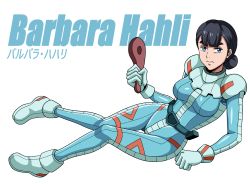 Rule 34 | 1girl, barbara hahari, black hair, blue eyes, breasts, character name, commentary, english text, full body, gundam, gundam battle operation code fairy, hair bun, highres, holding, looking at viewer, medium breasts, pilot suit, serious, spit (takethestrain), white background
