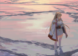 Rule 34 | 1girl, aqua eyes, blonde hair, breasts, buttons, closed mouth, coat, coat on shoulders, double-breasted, gloves, hair ribbon, jacket, large breasts, last origin, leona of blood &amp; iron, long hair, long sleeves, nyanom, outdoors, red ribbon, ribbon, snow, solo, tassel, thighhighs, very long hair, white jacket, white thighhighs