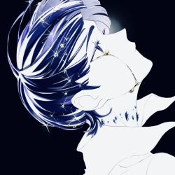 Rule 34 | 1other, androgynous, black background, blue eyes, blue hair, bowl cut, cherea, colored eyelashes, crying, crying with eyes open, crystal, crystal hair, floating hair, from side, highres, houseki no kuni, liquid, looking away, looking up, other focus, phosphophyllite, phosphophyllite (ll), portrait, profile, short hair, simple background, solo, sparkle, spoilers, tears