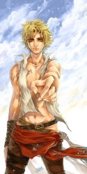Rule 34 | 1boy, belt, blonde hair, day, green eyes, highres, male focus, open clothes, open shirt, pirate, reaching, shirt, signature, sky, solo, tattoo, wind