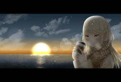 Rule 34 | 1girl, blush, closed mouth, cloud, cloudy sky, coat, cup, day, highres, holding, holding cup, hot chocolate, letterboxed, long hair, mebi il, mythra (xenoblade), nintendo, ocean, sky, solo, sunset, swept bangs, very long hair, xenoblade chronicles (series), xenoblade chronicles 2, yellow eyes