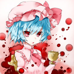 Rule 34 | 1girl, :o, ascot, bad id, bad pixiv id, blue hair, blush, chair, colorized, cpeilad, cup, female focus, hage, haori io, hat, looking at viewer, open mouth, pinky out, red eyes, remilia scarlet, short hair, short sleeves, sitting, solo, touhou, tsurime, upper body