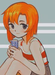 Rule 34 | 1girl, arm rest, bare arms, bare shoulders, black eyes, blue background, blunt ends, can, casual, closed mouth, drink, film grain, from side, hands up, higurashi no naku koro ni, holding, holding can, holding drink, io (onisarashi), knees to chest, knees up, light smile, looking at viewer, looking to the side, muted color, orange hair, parted bangs, pocari sweat, product placement, ryuuguu rena, shirt tucked in, short hair, sitting, sleeveless, solo, striped, striped background, striped tank top, tank top, tareme