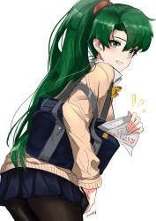 Rule 34 | 1girl, blush, breasts, fire emblem, fire emblem: the blazing blade, green eyes, green hair, high ponytail, highres, long hair, looking at viewer, looking back, lyn (fire emblem), medium breasts, nag, neckerchief, nintendo, open mouth, ormille, pantyhose, pleated skirt, ponytail, school uniform, serafuku, simple background, skirt, smile, solo, academic test, test score, v, very long hair