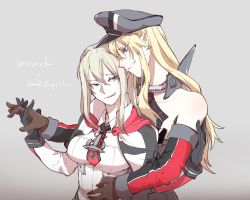 Rule 34 | 10s, 2girls, anchor symbol, bare shoulders, bismarck (kancolle), black gloves, blonde hair, blue eyes, breasts, capelet, collarbone, cross, elbow gloves, gloves, graf zeppelin (kancolle), hair between eyes, hat, unworn hat, unworn headwear, highres, interlocked fingers, iron cross, kantai collection, large breasts, long hair, long sleeves, looking at another, military, military hat, multiple girls, necktie, peaked cap, simple background, smile, takatsuki nato, twintails, upper body, yuri