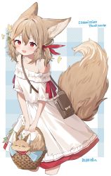 Rule 34 | 1girl, :d, absurdres, animal, animal ears, bag, bare shoulders, basket, blue background, blush, brown bag, brown hair, commission, cowboy shot, cropped legs, dress, fox, fox ears, fox girl, fox tail, hair between eyes, hair ribbon, highres, holding, holding basket, inuyayo, looking at viewer, medium hair, off-shoulder dress, off shoulder, open mouth, original, outside border, red eyes, red ribbon, ribbon, satchel, smile, solo, tail, thank you, white dress