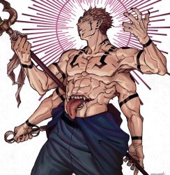 Rule 34 | 1boy, abs, arm tattoo, black hair, chest tattoo, cowboy shot, extra eyes, extra mouth, facial mark, head tilt, itadori yuuji, japanese clothes, jujutsu kaisen, kimono, large pectorals, male focus, monster boy, muscular, muscular male, natsu (rodysanp), no nipples, open clothes, open kimono, outstretched arms, pectorals, pink hair, red eyes, ryoumen sukuna (jujutsu kaisen), ryoumen sukuna (true form) (jujutsu kaisen), short hair, shoulder tattoo, solo, spiked hair, spread arms, tattoo, topless male