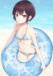 Rule 34 | 1girl, :o, bad id, bad pixiv id, bare arms, bare shoulders, beach, bikini, blue bikini, breasts, brown hair, collarbone, commentary request, floral print, front-tie bikini top, front-tie top, gantan, halterneck, highres, holding, innertube, looking at viewer, navel, original, parted lips, purple eyes, short hair, side-tie bikini bottom, sidelocks, small breasts, solo, sparkle, standing, striped bikini, striped clothes, swim ring, swimsuit, water