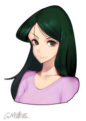 Rule 34 | &gt;:), 1girl, absurdres, brown eyes, closed mouth, commentary request, crayon shin-chan, gorgeous mushroom, green hair, highres, long hair, looking at viewer, matsuzaka ume, purple sweater, revision, signature, simple background, smile, solo, v-shaped eyebrows, white background