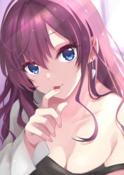 Rule 34 | 1girl, :p, absurdres, ahoge, black tank top, blue eyes, breasts, cleavage, collarbone, earrings, finger to mouth, highres, ichinose shiki, idolmaster, idolmaster cinderella girls, indoors, jewelry, light rays, looking at viewer, purple hair, shiro (branch0126), shirt, solo, strap slip, tank top, tongue, tongue out, upper body, wavy hair, white shirt