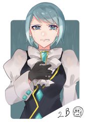 Rule 34 | 1girl, absurdres, ace attorney, arm at side, black gloves, blue eyes, blue hair, bow, brooch, clenched teeth, crying, crying with eyes open, earrings, franziska von karma, gloves, hand up, highres, jewelry, light blue hair, long sleeves, looking at viewer, mole, mole under eye, phoenix wright: ace attorney - justice for all, puffy long sleeves, puffy sleeves, rin (yukameiko), short hair, simple background, solo, tears, teeth, upper body, vest, wet, white bow, white neckwear