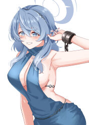 Rule 34 | 1girl, absurdres, ako (blue archive), ako (dress) (blue archive), armpits, blue archive, blue dress, blue eyes, blue hair, blue halo, blush, breasts, chain, cleavage, cuffs, dress, grin, hair between eyes, halo, highres, large breasts, long hair, official alternate costume, rynn (darknescorez), simple background, sleeveless, sleeveless dress, smile, solo, white background