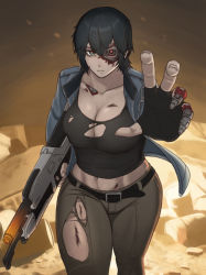 Rule 34 | 1girl, absurdres, android, artificial eye, belt, black belt, black gloves, black hair, blue jacket, breasts, damaged, energy gun, fingerless gloves, gloves, glowing, glowing eyes, green pants, gun, highres, holding, holding gun, holding weapon, jacket, large breasts, mechanical eye, mechanical parts, muscular, muscular female, open clothes, open jacket, outstretched arm, pants, red eyes, rob 110101101, short hair, solo, tank top, terminator (series), the terminator, torn clothes, torn pants, torn tank top, walking, weapon