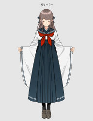 Rule 34 | 1girl, absurdres, black pantyhose, brown hair, closed eyes, closed mouth, facing viewer, full body, furisode, grey background, grey footwear, grey hair, hair ribbon, half updo, hanatsuki, highres, japanese clothes, kimono, loafers, long hair, long skirt, long sleeves, mismatched sailor collar, neckerchief, original, outstretched arms, pantyhose, pleated skirt, red neckerchief, ribbon, school uniform, serafuku, shirt, shoes, simple background, skirt, sleeves past wrists, solo, standing, translation request, white shirt, wide sleeves
