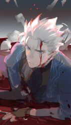 Rule 34 | 1boy, absurdres, blood, blood on face, blue coat, blue eyes, coat, cumcmn, devil may cry, devil may cry (series), devil may cry 3, fingerless gloves, gloves, hair slicked back, highres, holding, looking at viewer, male focus, solo, vergil (devil may cry), white hair