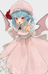 Rule 34 | 1girl, artist name, bat wings, blue hair, blush, commentary request, cowboy shot, dress, fang, gotou (nekocat), grey background, hand on own hip, hat, hat ribbon, highres, index finger raised, leaning forward, long sleeves, looking at viewer, mob cap, open mouth, pink dress, pink hat, red eyes, red ribbon, remilia scarlet, ribbon, shirt, short hair, simple background, solo, touhou, white shirt, wings