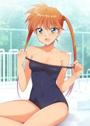 Rule 34 | 1girl, :d, bare arms, bare shoulders, blue eyes, blue one-piece swimsuit, blurry, blurry background, blush, breasts, chain-link fence, cleavage, collarbone, commentary request, covered navel, day, fence, fingernails, hair between eyes, hair bobbles, hair ornament, hands up, highres, inaba kyouko, jigoku sensei nube, kaiga, long hair, looking at viewer, old school swimsuit, one-piece swimsuit, open mouth, orange hair, outdoors, pool ladder, poolside, school swimsuit, sitting, small breasts, smile, solo, strap pull, swimsuit, tree, twintails, yokozuwari