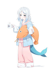 Rule 34 | 1girl, absurdres, alternate costume, blue eyes, blue hair, blue nails, coffee cup, commentary request, cup, disposable cup, fins, fish tail, gawr gura, grey hair, hair ornament, highres, holding, holding cup, holding stuffed toy, hololive, hololive english, korean commentary, looking at viewer, medium hair, multicolored hair, nail polish, open mouth, pajamas, pants, pink pajamas, pink pants, pink shirt, shark girl, shark tail, shirt, solo, streaked hair, stuffed shrimp, stuffed toy, tail, toenail polish, toenails, ugaaaa1, virtual youtuber, white background