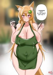 Rule 34 | 1girl, absurdres, animal ear fluff, animal ears, apron, areola slip, artist name, bayoshii, blush, breasts, cleavage, closed mouth, collarbone, cowboy shot, cup, curvy, english text, fox ears, fox girl, fox tail, green apron, hair between eyes, hair ornament, highres, huge breasts, iced latte with breast milk (meme), indoors, kitsune, lactation, lactation through clothes, large areolae, long hair, looking at viewer, meme, naked apron, orange hair, original, outie navel, pen, pink eyes, pregnant, shiny skin, sidelocks, signature, skindentation, solo, speech bubble, standing, sweat, tail, talking, thick thighs, thighs, very long hair, water drop, wide hips