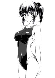 Rule 34 | 1girl, bare shoulders, collarbone, competition swimsuit, covered navel, cowboy shot, hair between eyes, highres, looking at viewer, monochrome, nagayori, one-piece swimsuit, ponytail, simple background, solo, standing, swimsuit, white background