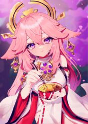 Rule 34 | 1girl, animal ears, bare shoulders, blurry, blurry background, blush, bowl, breasts, cherry blossoms, chopsticks, closed mouth, commentary request, detached sleeves, earrings, eating, floppy ears, flower-shaped pupils, food, fox ears, fukuuchi udon (genshin impact), genshin impact, hair between eyes, hair ornament, head tilt, highres, holding, holding bowl, holding chopsticks, japanese clothes, jewelry, large breasts, long hair, looking at viewer, makino (gensekiplease), nontraditional miko, noodles, pink hair, pink nails, purple eyes, shirt, sidelocks, solo, symbol-shaped pupils, turtleneck, udon, upper body, white shirt, white sleeves, wide sleeves, yae miko