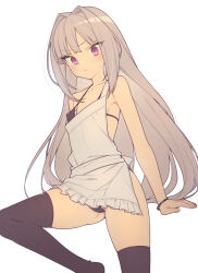 Rule 34 | 1girl, apron, arm support, bare shoulders, black bra, black panties, black thighhighs, blush, bra, bracelet, breasts, commentary request, covered erect nipples, everyntrge, grey hair, jewelry, long hair, original, panties, purple eyes, simple background, small breasts, solo, sweatdrop, thighhighs, underwear, very long hair, white apron, white background