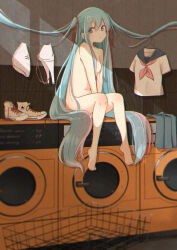 Rule 34 | 1girl, absurdly long hair, absurdres, aqua eyes, aqua hair, barefoot, between legs, blue sailor collar, blue skirt, blurry, blurry foreground, bra, breasts, carrion1129, closed mouth, clothesline, collared shirt, commentary, completely nude, converse, covering breasts, covering privates, depth of field, dot mouth, dress shirt, english commentary, expressionless, from side, full body, hair between eyes, hair ribbon, hair up, hand between legs, hands on lap, highres, laundromat, laundry, long hair, looking at viewer, looking to the side, loose hair strand, navel, neckerchief, nude, original, panties, pink neckerchief, pleated skirt, red ribbon, ribbon, sailor collar, school uniform, serafuku, shadow, shirt, shoes, shopping cart, sitting, skirt, small breasts, sneakers, solo, toes, underwear, unworn bra, unworn panties, unworn shirt, v arms, very long hair, washing machine, white bra, white footwear, white panties, white shirt, wooden wall
