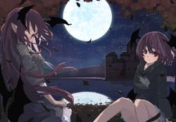 Rule 34 | 2girls, alternate costume, autumn leaves, black hoodie, building, casual, clothes writing, commentary request, contemporary, demon wings, dual persona, feathers, feet out of frame, full moon, futatsuki eru, grey shirt, grey skirt, head wings, hood, hoodie, knees up, koakuma, lake, long hair, long sleeves, looking at viewer, low wings, mansion, miniskirt, misty lake, moon, multiple girls, night, night sky, outdoors, pleated skirt, pointy ears, red eyes, red hair, reflection, scarlet devil mansion, shirt, short hair, sitting, skirt, sky, sleeves rolled up, touhou, wings