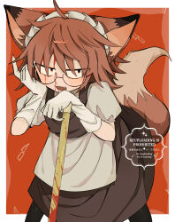 1boy animal_ears apron black_eyes bleeding blood blood_from_forehead blood_on_face broom brown_hair cowboy_shot crossdressing fang fingernails fox_boy fox_ears fox_tail glasses gloves highres holding holding_broom injury kemonomimi_mode maid male_focus medium_hair orange_background puffy_short_sleeves puffy_sleeves r_mame_n randal&#039;s_friends randal_ivory sharp_fingernails short_sleeves solo standing tail tail_raised waist_apron