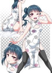 Rule 34 | 10s, 1girl, alternate hairstyle, arm up, ass, bare arms, bed sheet, black thighhighs, blue hair, blunt bangs, blush, breasts, china dress, chinese clothes, cleavage, cleavage cutout, clothing cutout, dress, earrings, garter straps, halftone, halftone background, highres, jewelry, looking at viewer, love live!, love live! sunshine!!, multiple views, nail polish, on bed, one eye closed, open mouth, polka dot, polka dot background, red eyes, side ponytail, side slit, sitting, sleeveless, sleeveless dress, small breasts, smile, teeth, thighhighs, tsushima yoshiko, upper teeth only, v, white dress, yopparai oni