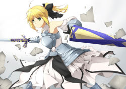 Rule 34 | 1girl, ahoge, armor, armored dress, artoria pendragon (fate), avalon (fate/stay night), bare shoulders, blonde hair, bow, caliburn (fate), capcom, detached sleeves, dress, ello, fate/unlimited codes, fate (series), gauntlets, green eyes, hair bow, ponytail, saber (fate), saber lily, sheath, solo, sword, weapon