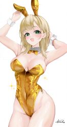 Rule 34 | 1girl, absurdres, animal ears, arm behind head, armpits, arms up, bare legs, blonde hair, bow, bowtie, breasts, cleavage, cowboy shot, detached collar, gold bowtie, gold leotard, golden week, green eyes, highres, large breasts, leotard, medium hair, nagatsuyu, original, playboy bunny, rabbit ears, signature, simple background, smile, solo, sparkle, strapless, strapless leotard, white background, wrist cuffs
