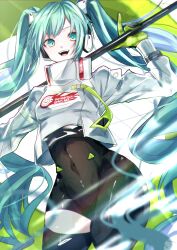 1girl :d absurdres asymmetrical_bodysuit black_bodysuit black_thighhighs bodysuit commentary cropped_jacket flag gloves green_eyes green_gloves green_hair hanami_haru hatsune_miku highres holding holding_flag jacket long_sleeves open_mouth racing_miku racing_miku_(2022) single_thighhigh smile solo teeth thighhighs tongue twintails two-tone_gloves upper_teeth_only vocaloid white_jacket