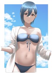 Rule 34 | 1girl, absurdres, bikini, blue bikini, blue hair, blue sky, border, breasts, breasts apart, brown eyes, closed mouth, collarbone, commentary request, crossed bangs, groin, hair between eyes, highres, long sleeves, looking at viewer, love live!, love live! superstar!!, medium breasts, midriff, navel, open clothes, open shirt, outside border, s sho mkrn, shirt, short hair, single bare shoulder, single sidelock, sky, solo, swimsuit, upper body, wakana shiki, white border, white shirt